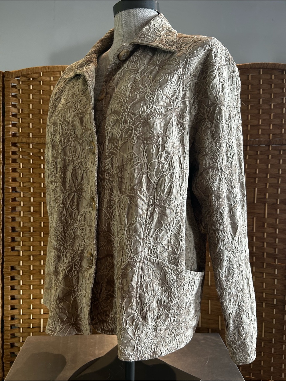 Coldwater Creek Embroidered Floral Textured Jacket Taupe Cotton Blend XLP Blazer